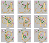 Golden Floral Alphabet Embroidery Pack – Elegant Monogram Letters with Pink Flowers - FineryEmbroidery